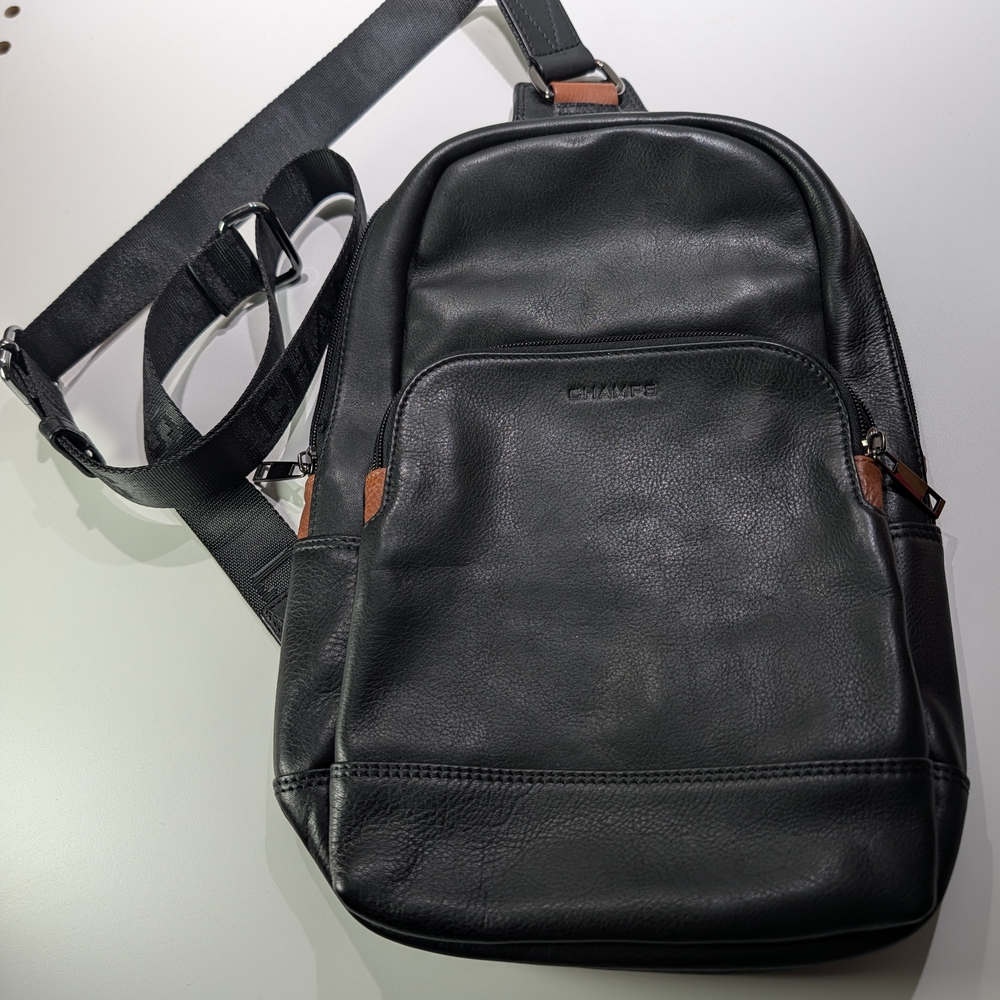 Champs Black Leather Sling Belt Bag with Brown Accents